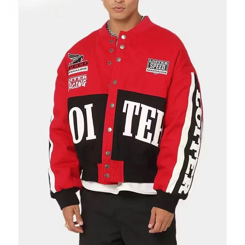 Loiter Racing Jacket Red Black Moto Streetwear Bomber Jacket Size M Y2K